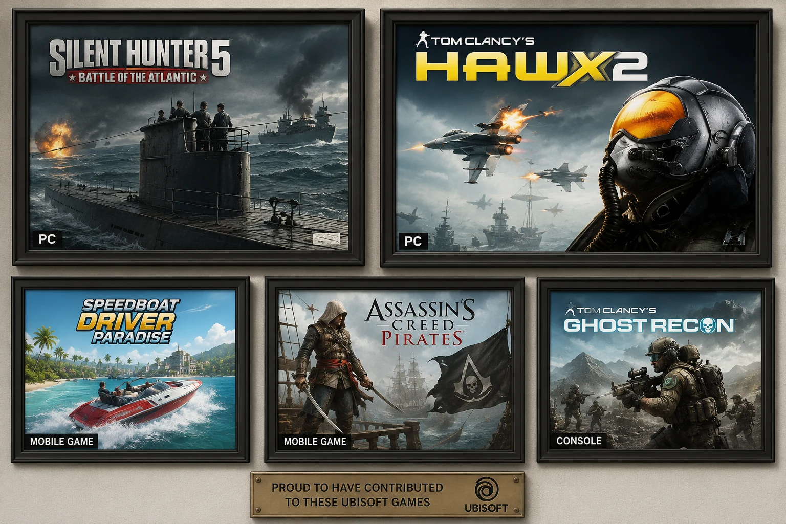 A gallery featuring the Ubisoft games Silent Hunter 5, HAWX 2, Driver's Speedboat Paradise, Assassin's Creed Pirates, and Ghost Recon
